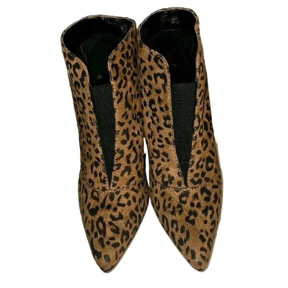 Colin Stuart Women's Size 6.5 Heeled Ankle Boots Vegan Suede Brown Leopard Print